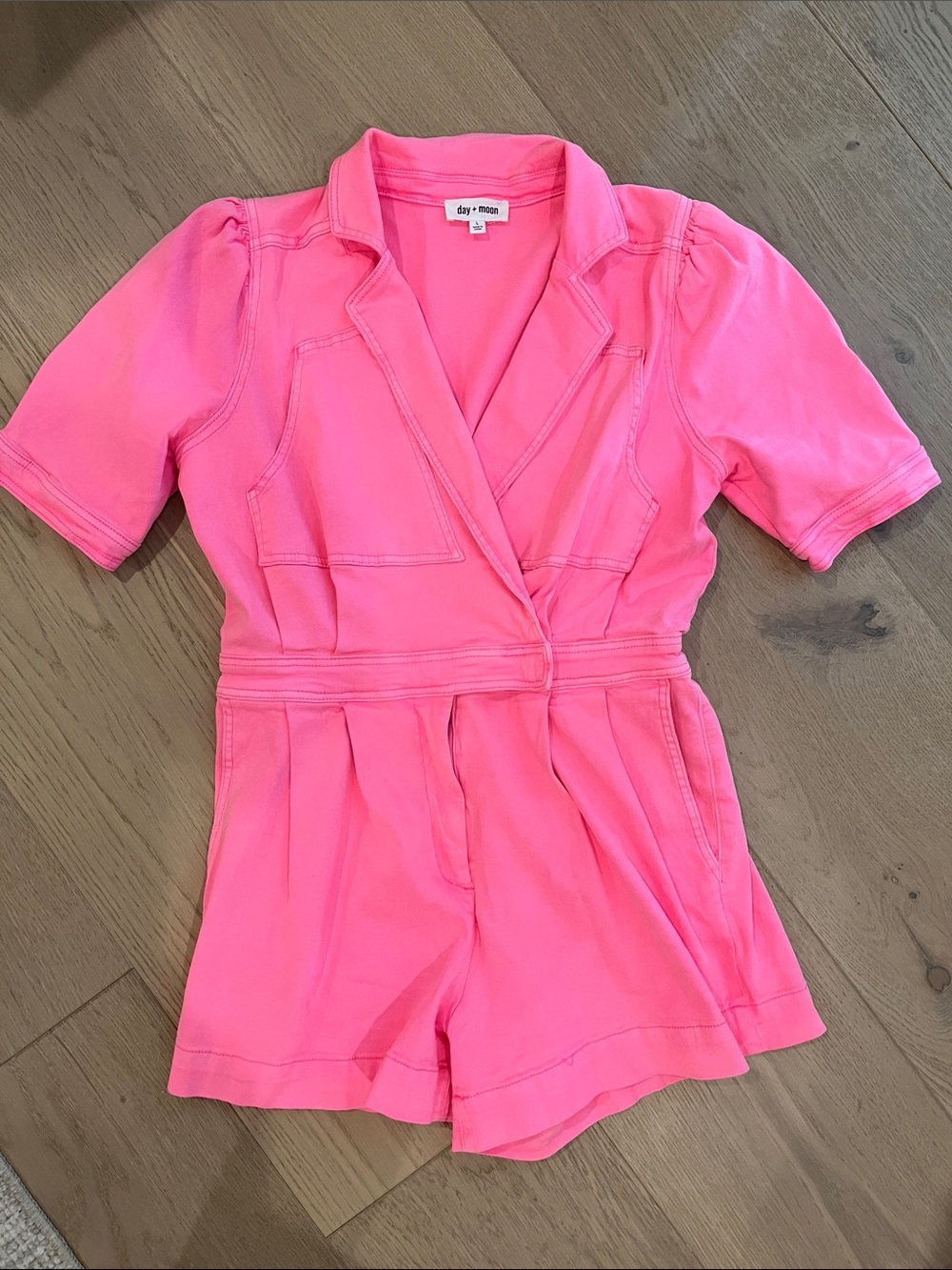 Day + Moon Tailored Short-Sleeve Romper in Vibrant Pink